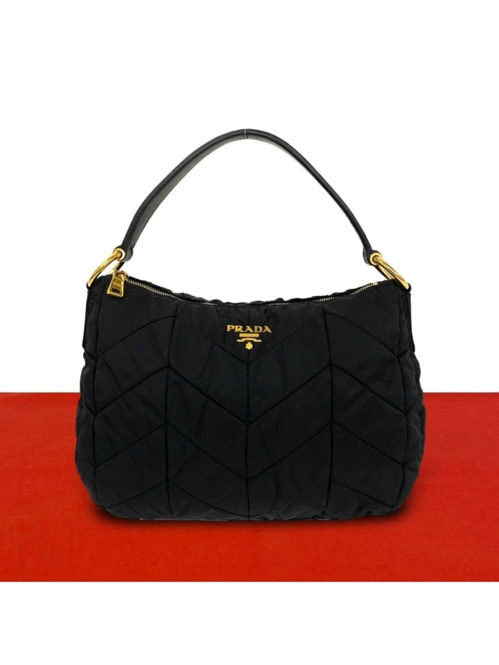 Prada Logo Quilted Tessuto Nylon Patent Shoulder Bag Black